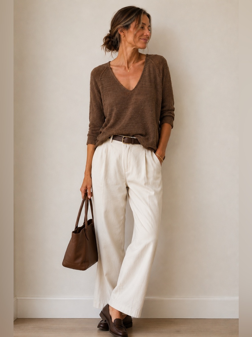 Vintage‎ Itsu Brown V-Neck Chunky Textured Sweater Boxy Relaxed Skin Minimalist